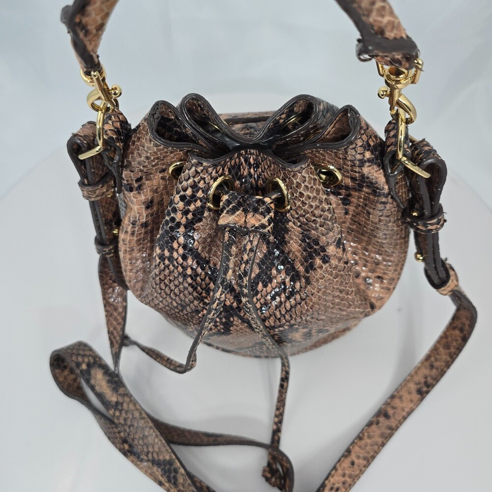 ANN TAYLOR Brown Snakeskin Leather Drawstring Shoulder/Crossbody Bucket Bag - Picture 6 of 16